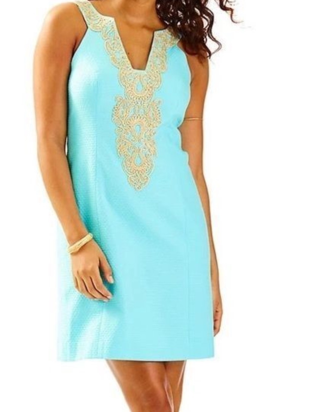 Lily Pulitzer Turquoise Shift Dress with Gold Embroidered Placket